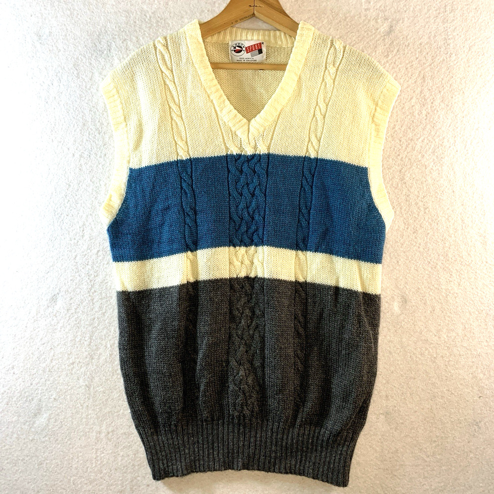 Vintage Arrow Sport Mens Cable Knit Sweater Vest Sz S/M Retro Preppy Coastal Gpa